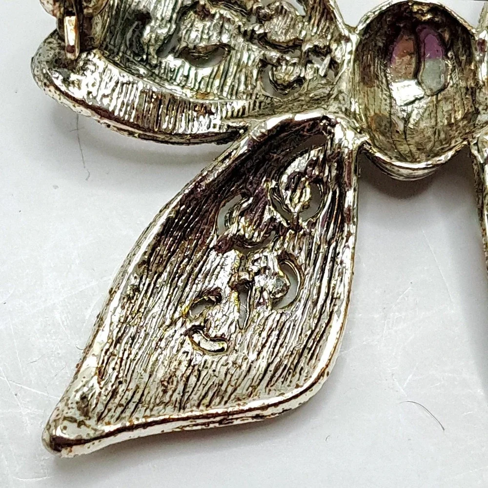Vintage‎ Silver Tone Bow Brooch Marcasite Style Rhinestone Filigree Pin 2.5